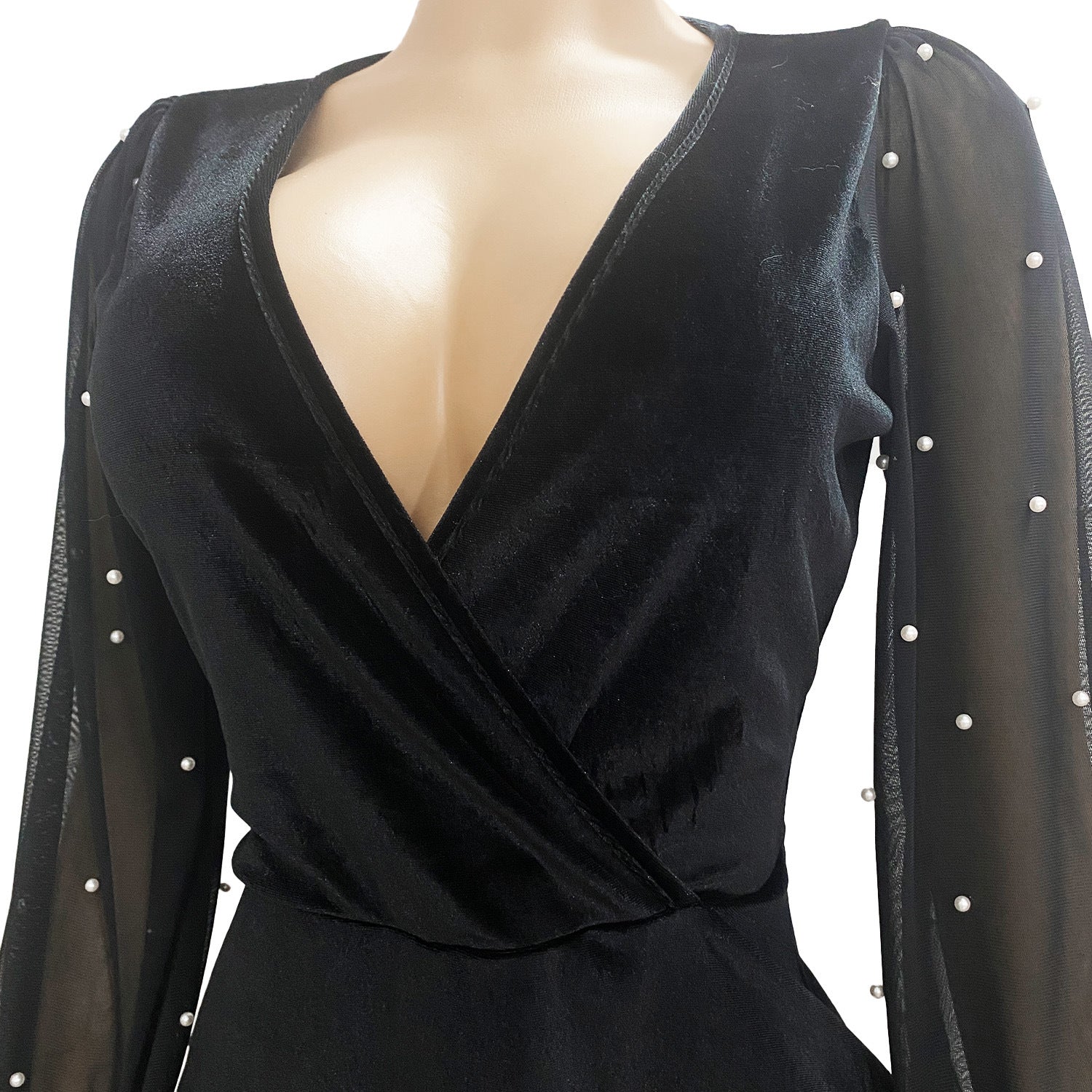 Women autumn and winter sexy v-neck velvet chiffon patchwork long sleeve dress 7