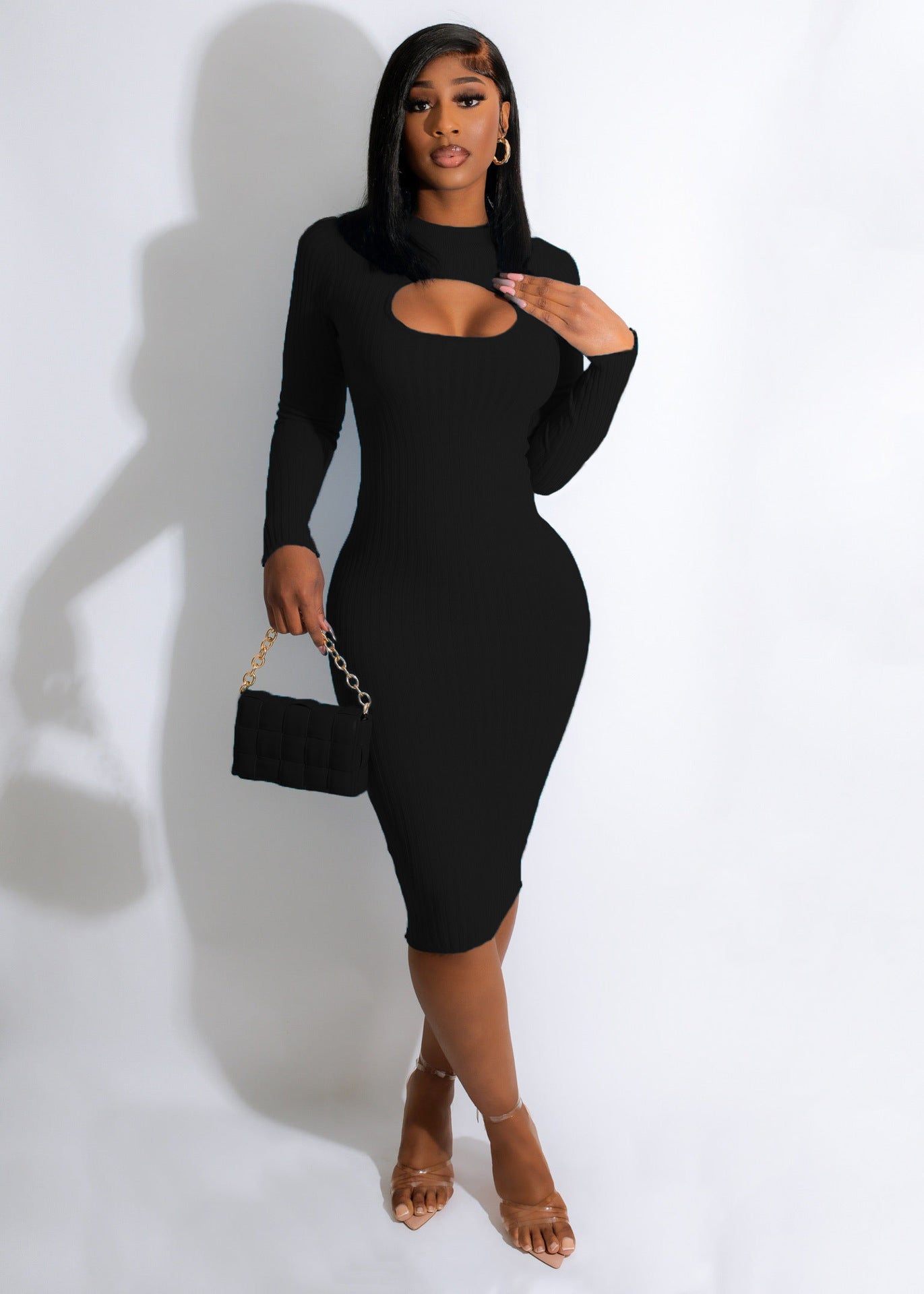 Fall Fashion Knitting Ribbed Slim Cut Out Dress