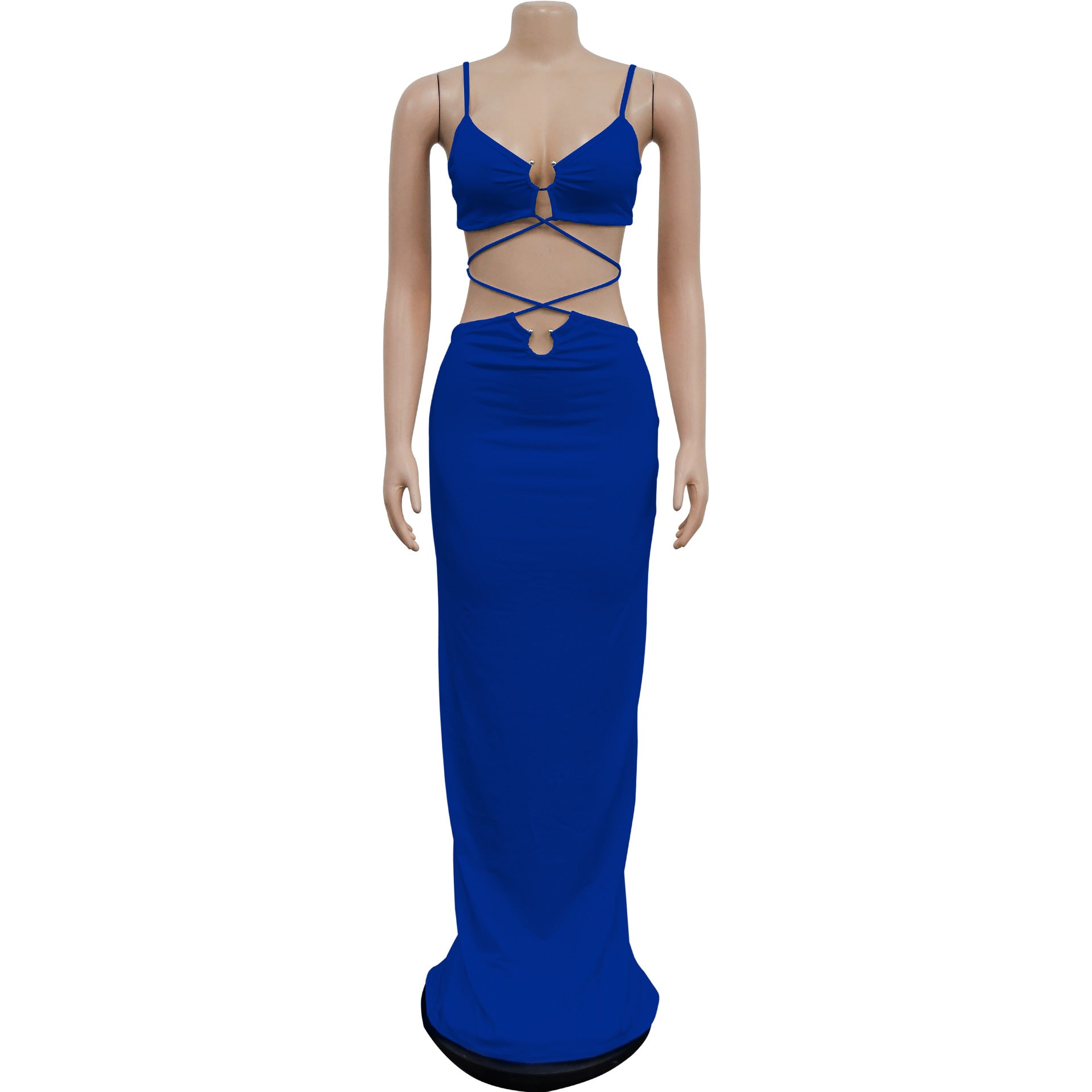 Women's Fashion Solid Color Lace-Up Sleeveless Straps Maxi Dress 28