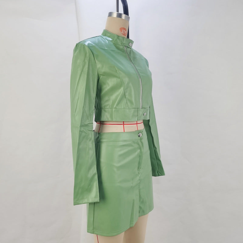 Women's Autumn Fashion Long Sleeve Crop Zipper Pu Jacket Bodycon Skirt Set for Women 13