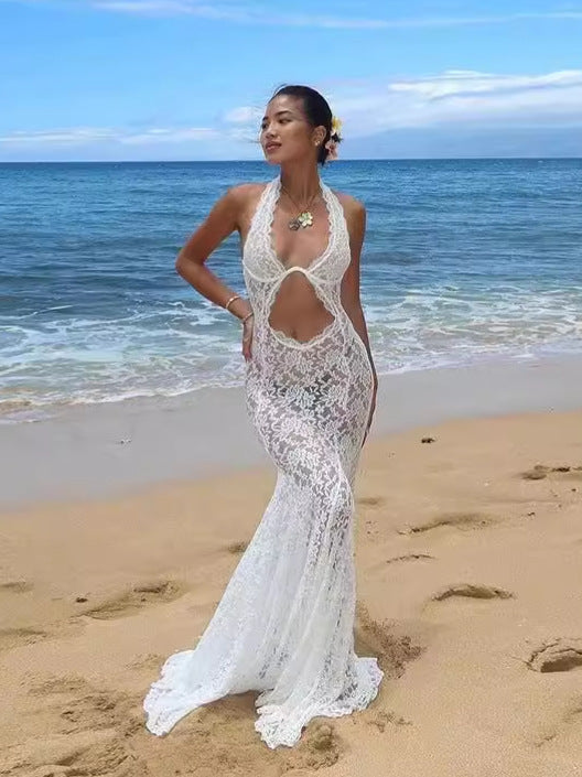 Women Summer Chic Lace Hollow Halter Neck Sexy Backless Solid Dress 3