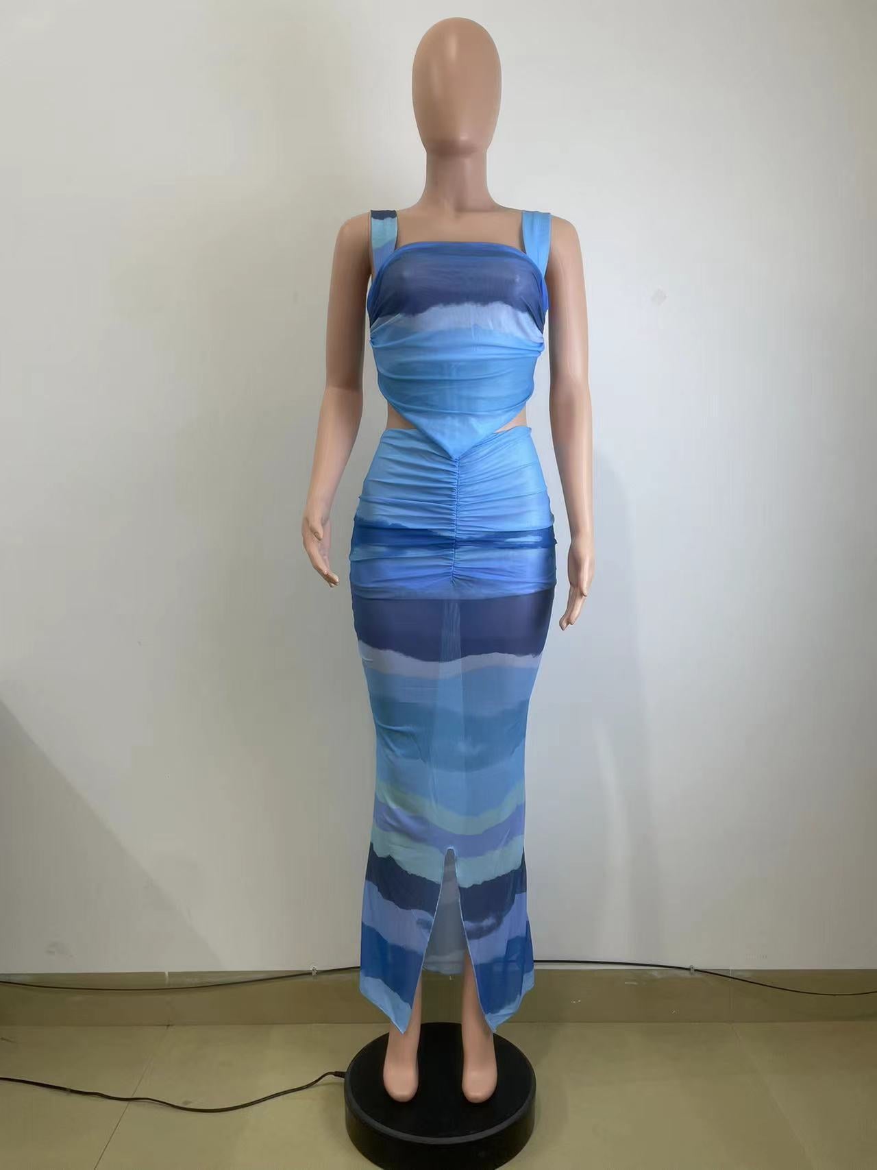 Women's Summer Fashion Printed Mesh Sexy Strap Vest Skirt Two Piece Set 7