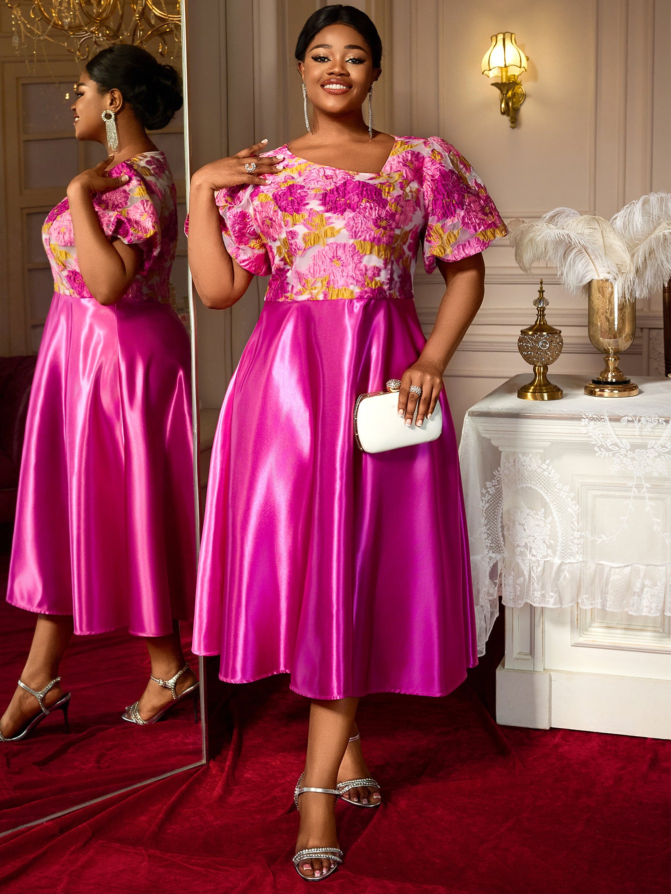 Plus Size Women's Floral Jacquard Satin Patchwork Midi Dress Slash Shoulder Puff Sleeve Formal Gown 6