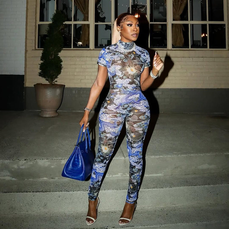Women Summer Street Trend Mesh See-Through Print Backless Jumpsuit