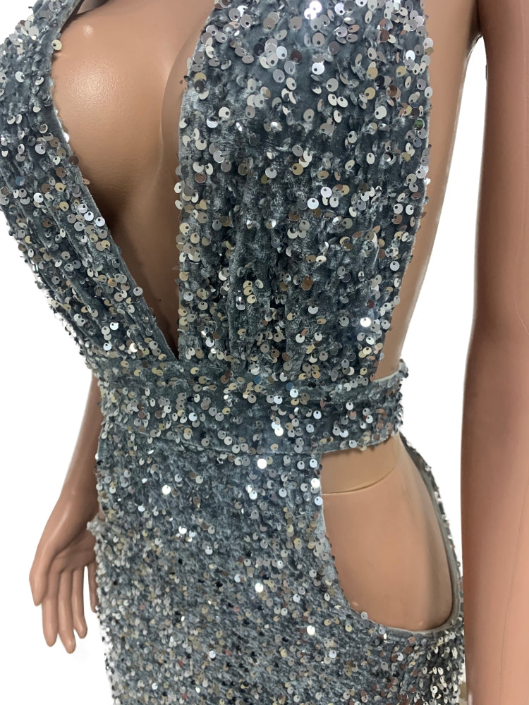 Autumn Silver Sequin Deep-V Backless Sexy Halter Mini Club Dress 7