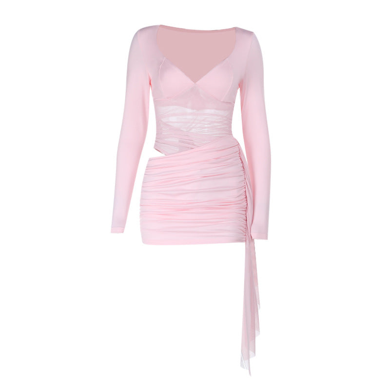 Women hollow mesh ribbon long-sleeved bodycon dress 20