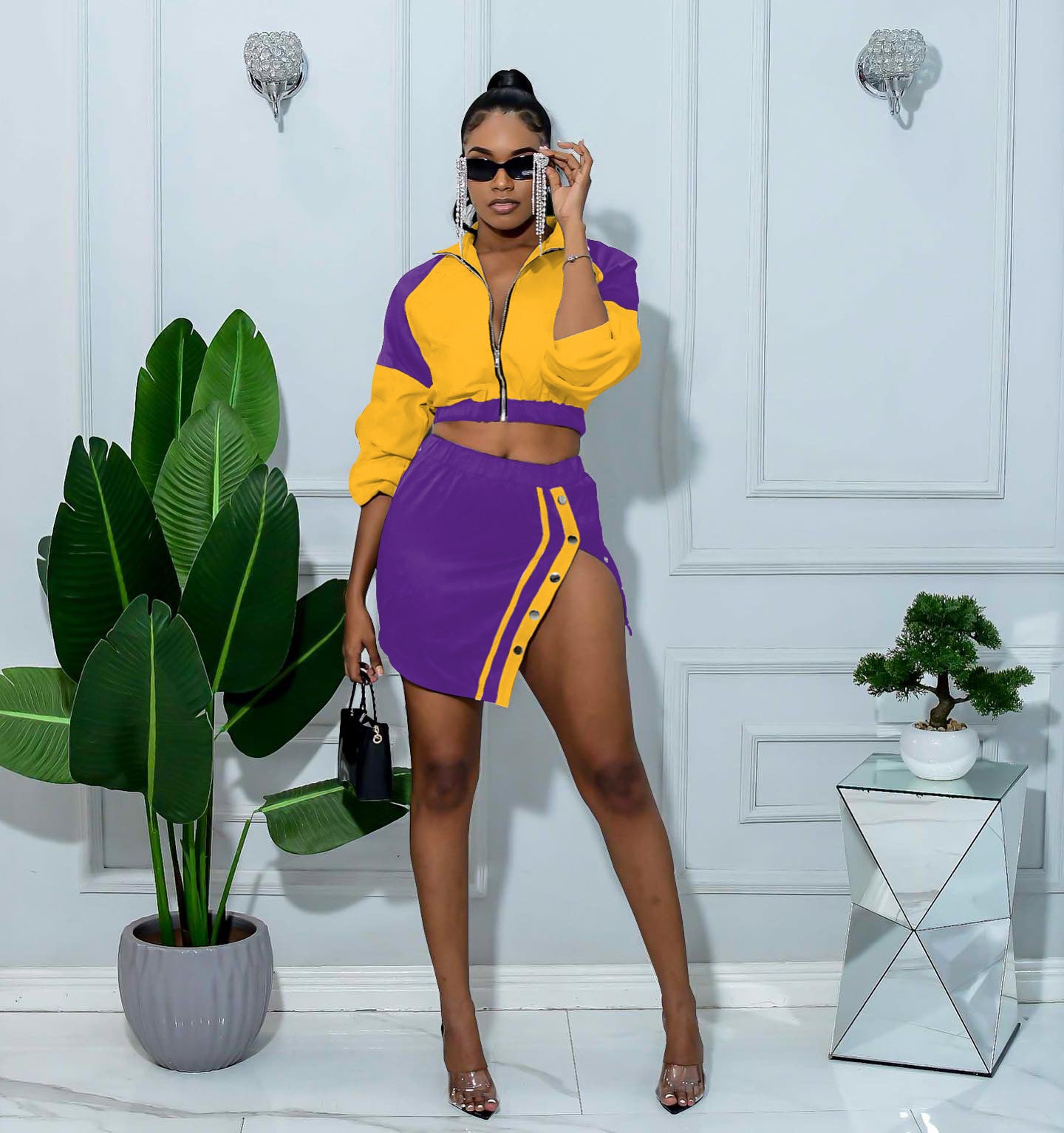 Autumn And Winter Women's Color-Blocking Long-Sleeved Casual Two-Piece Skirt Set For Women 21