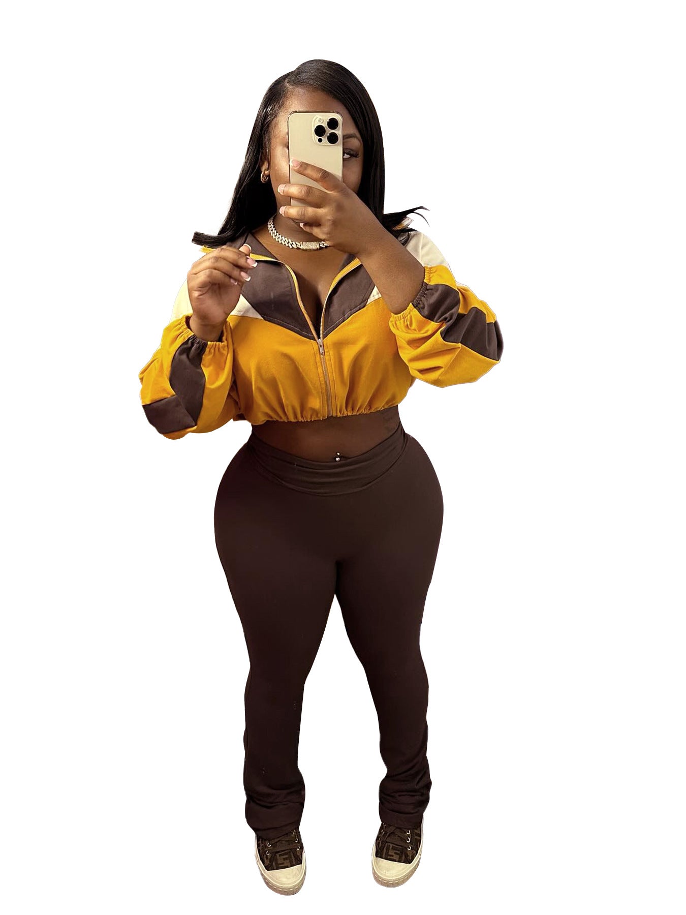 Sports Casual Women's Color Matching Crop High Waist Micro Bell Two-Piece Pants Set 10