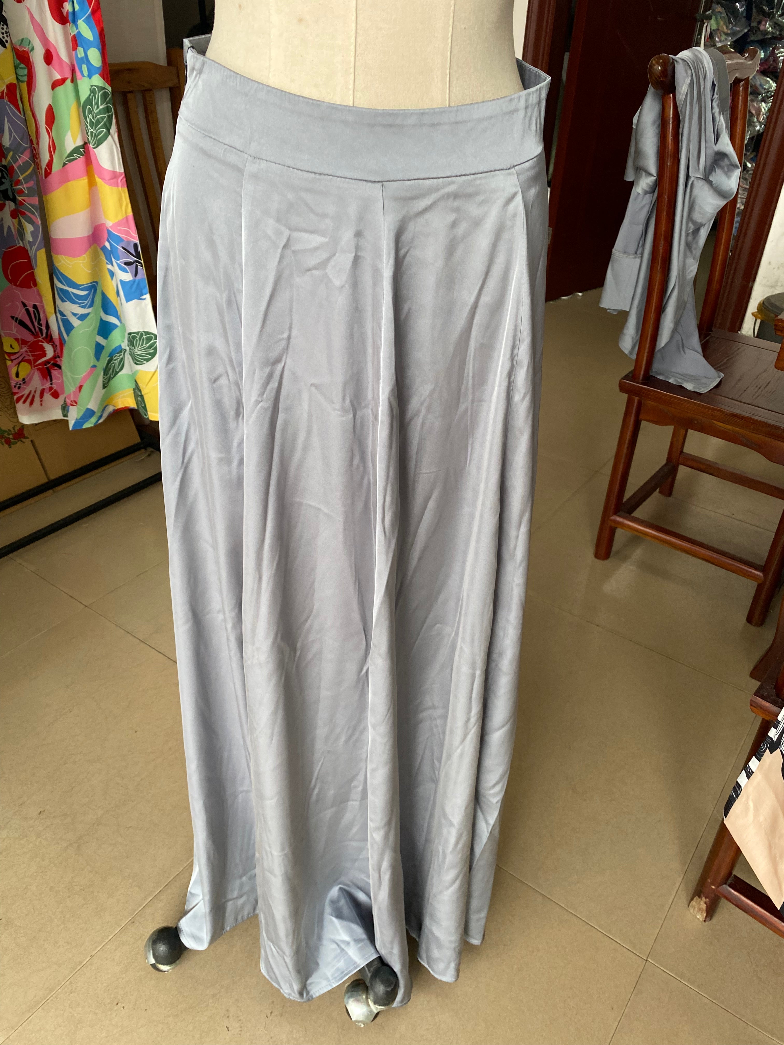 Women's Satin Fashionable Chic Long Sleeve Shirt High Waist Skirt Two-Piece Set 7