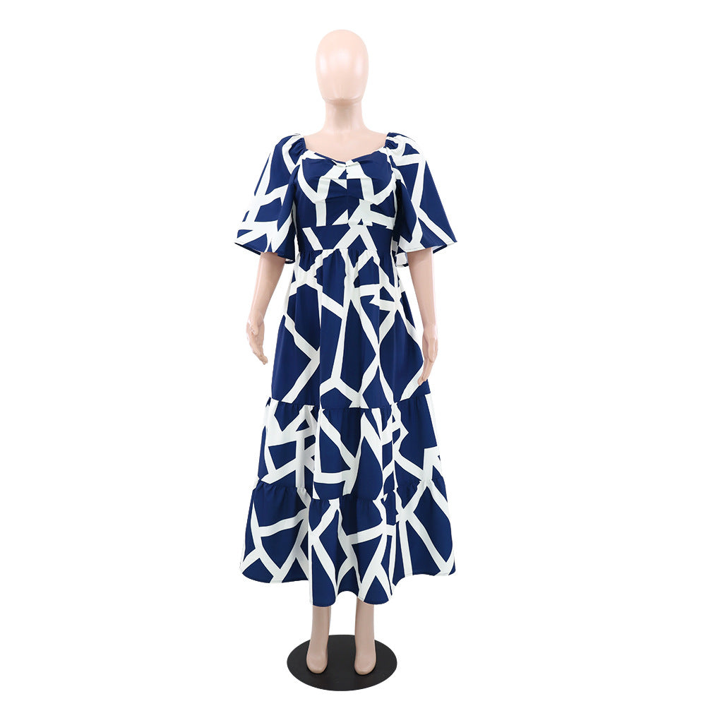 Pleated Printed Summer Short Sleeve Casual Midi Dress