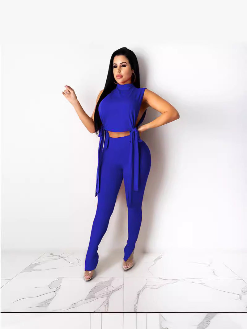 Women Solid Lace-Up Sexy Top and Pant Two-piece Set 7