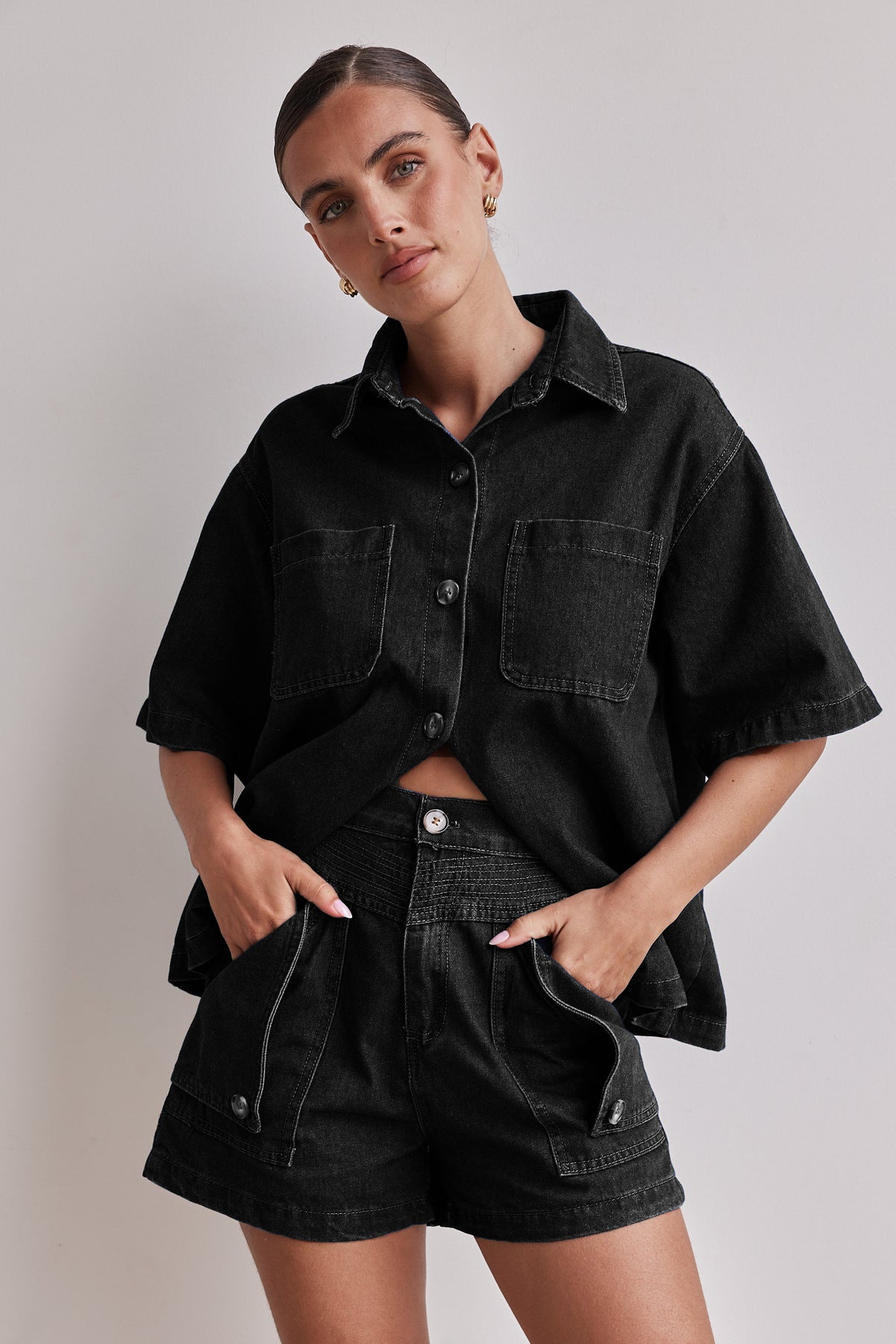 Summer Women's Casual Loose Denim Shirt Shorts Set 20