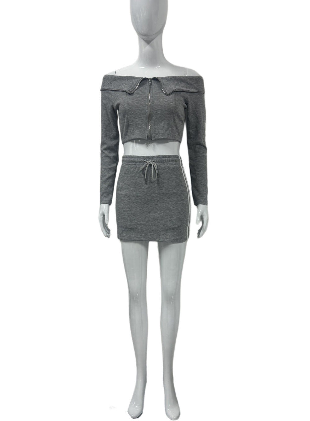 Women Off Shoulder Long Sleeve Zip Crop Top and Skirt Two Piece Set 9