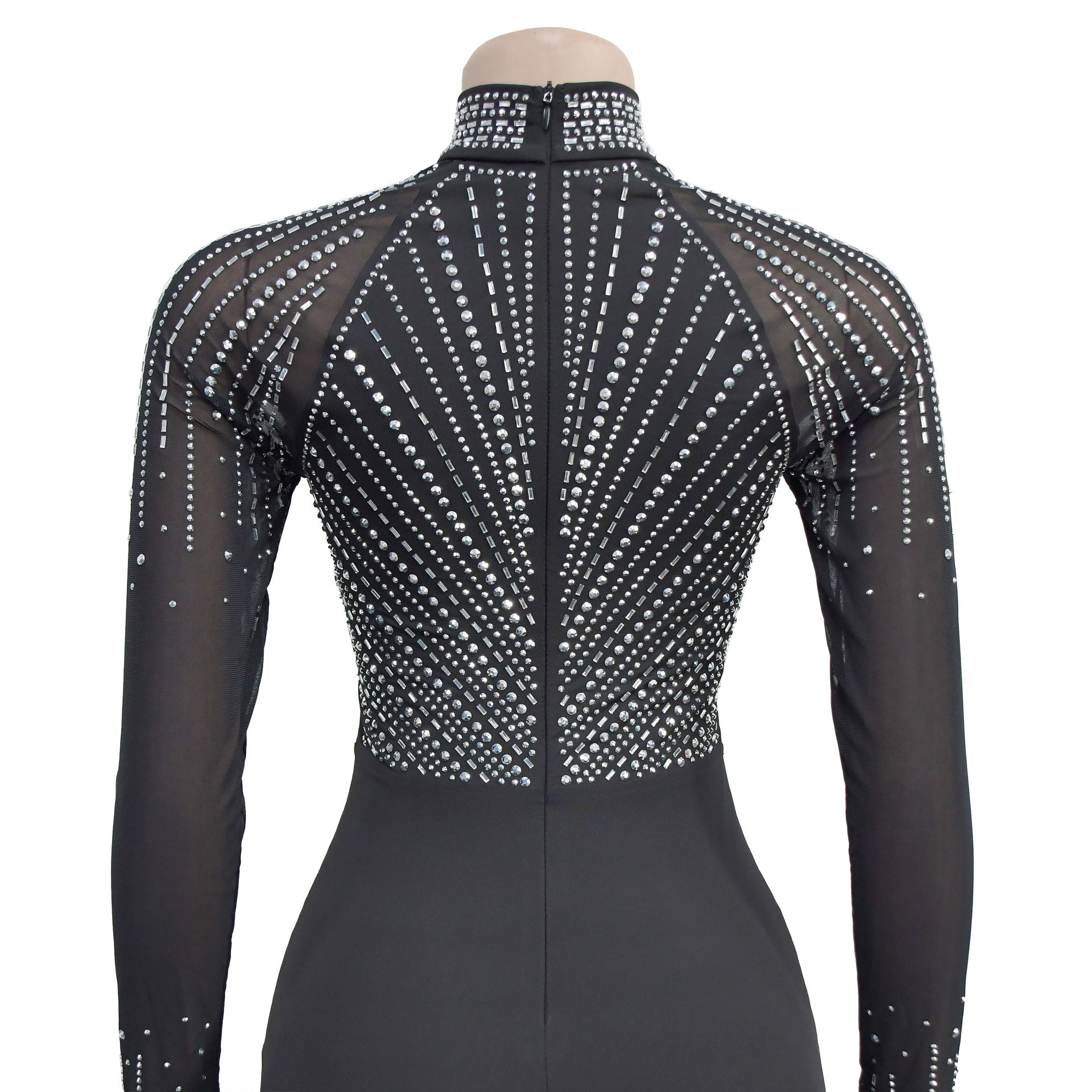 Fashion Women Beaded See Through Mesh Slit Long Dress 12