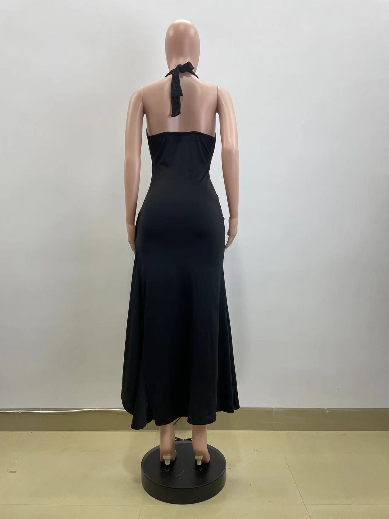 Summer Sexy Fashionable Halter Neck V-Neck Low Back Slit Long Dress 11