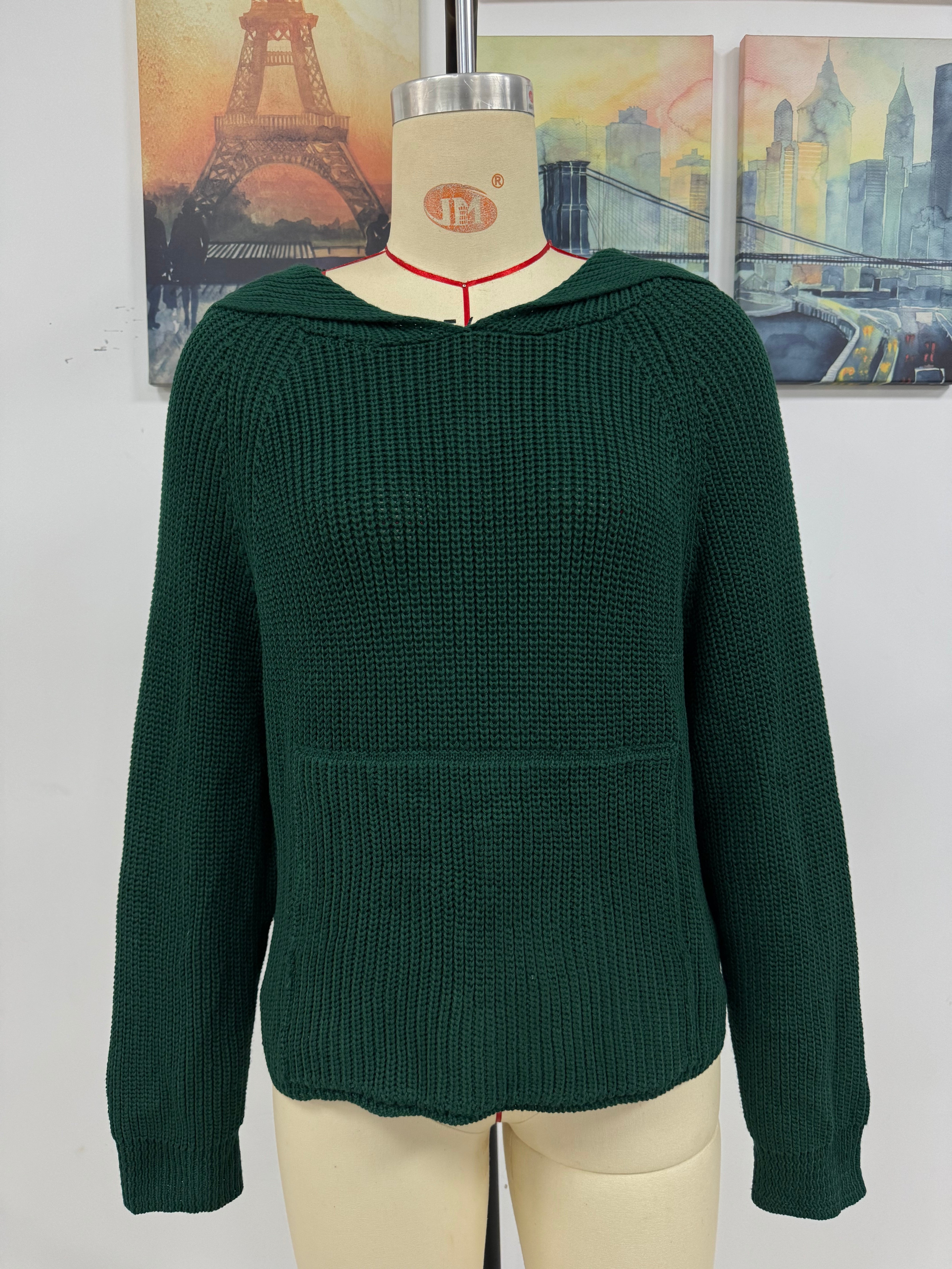 Women Autumn Winter Pullover Hooded Knitting Shirt Pocket Long Sleeve Five-Pointed Star Sweater 24