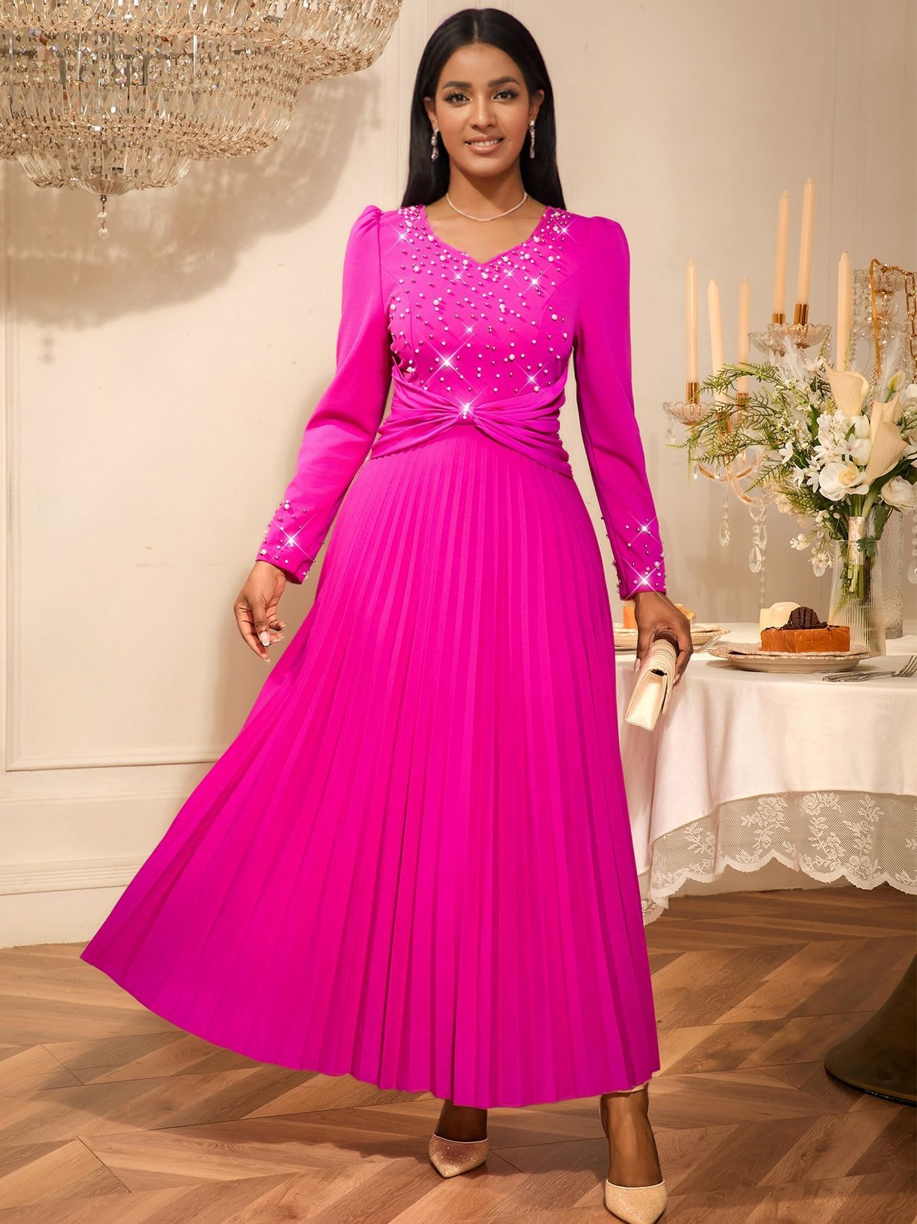 Women beaded v-neck long sleeve pleated party dress