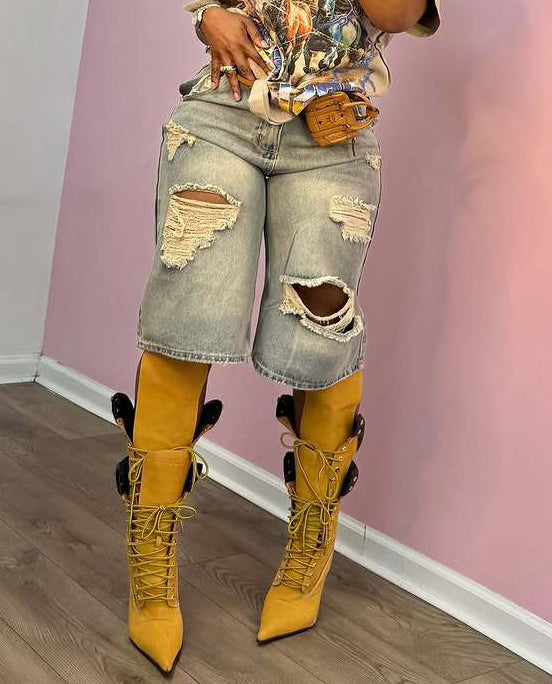 Summer High-Waist Loose Distressed Ripped Denim Straight/Wide-Leg Pants