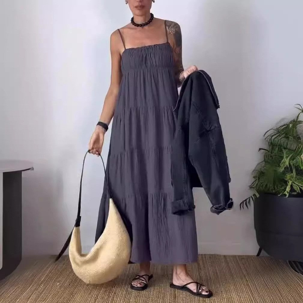 Spring Summer Women's Solid Color Casual Strap Loose Dress 9