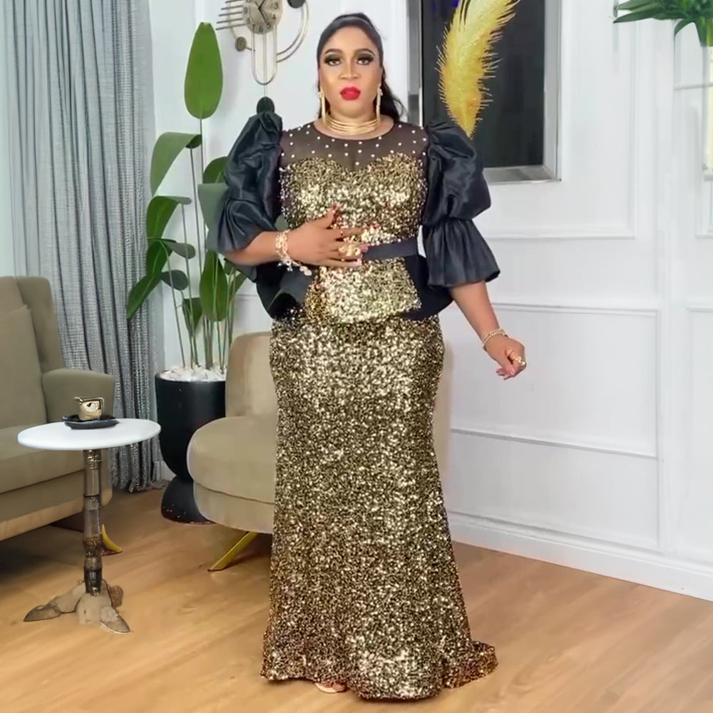 Plus Size Women's Autumn Sequin Mermaid Dress High Waist Party Evening Gown