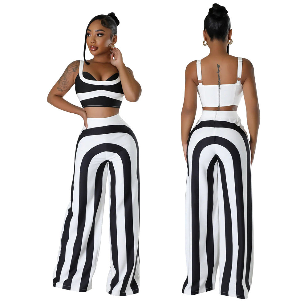 Women's summer striped strap fashion Casual two piece pants set 14