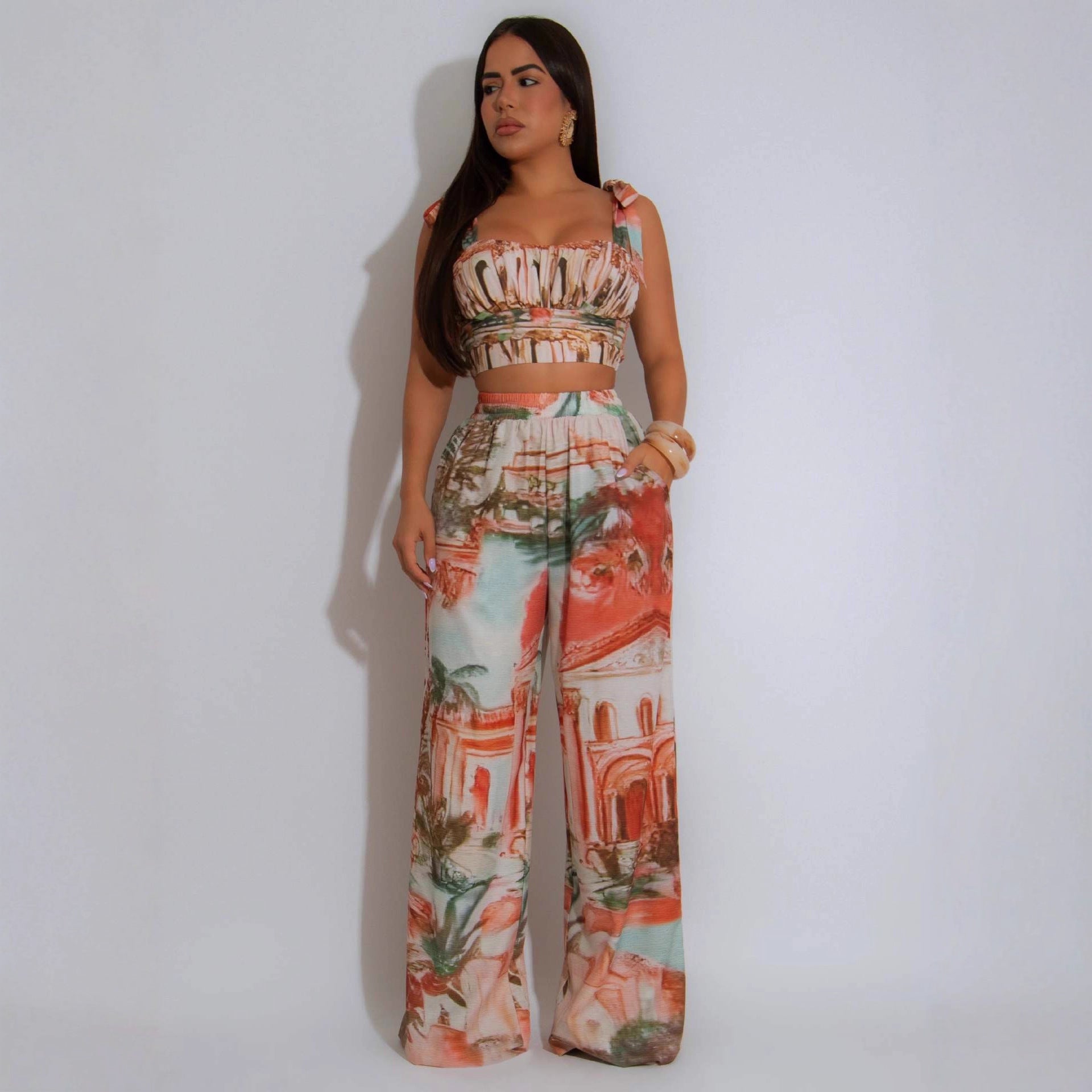 Casual Print Ruffle Strappy Top and Wide-Leg Pants Two-Piece Set 4