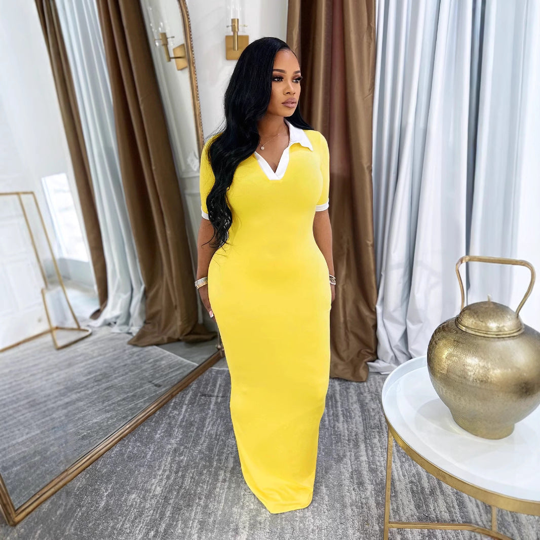 Female Turndown Collar Short Sleeve Slim Fit Long Dress 17