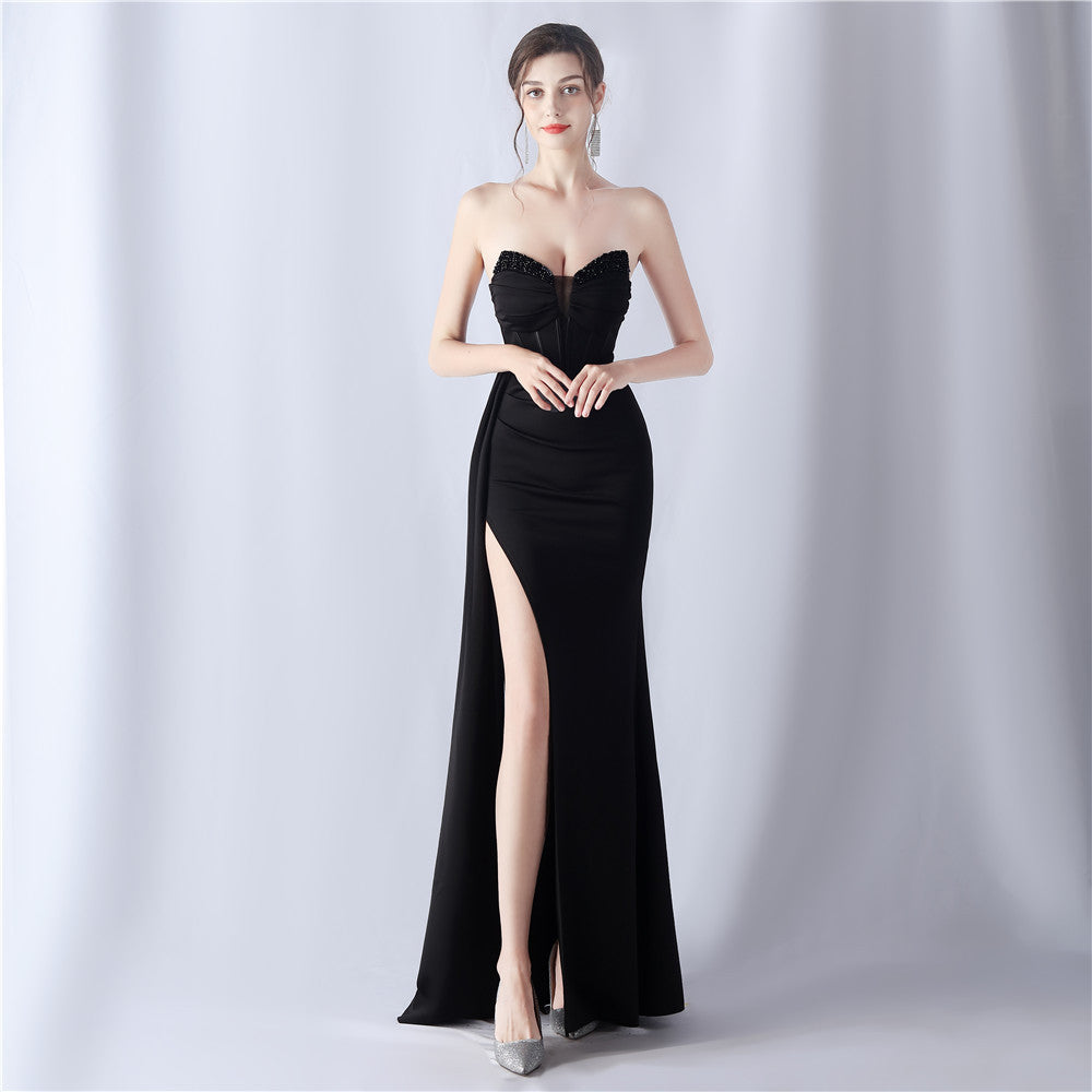 Women fishbone beaded high-end slit evening dress 5