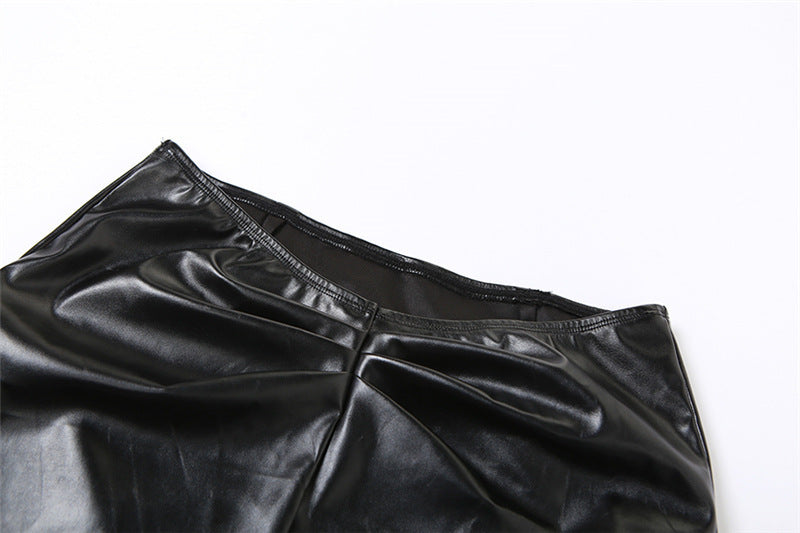 Women Summer Black Pu-Leather Stand Collar Sleeveless Pleated Irregular Top and Bodycon Skirt Two-Piece Set 12