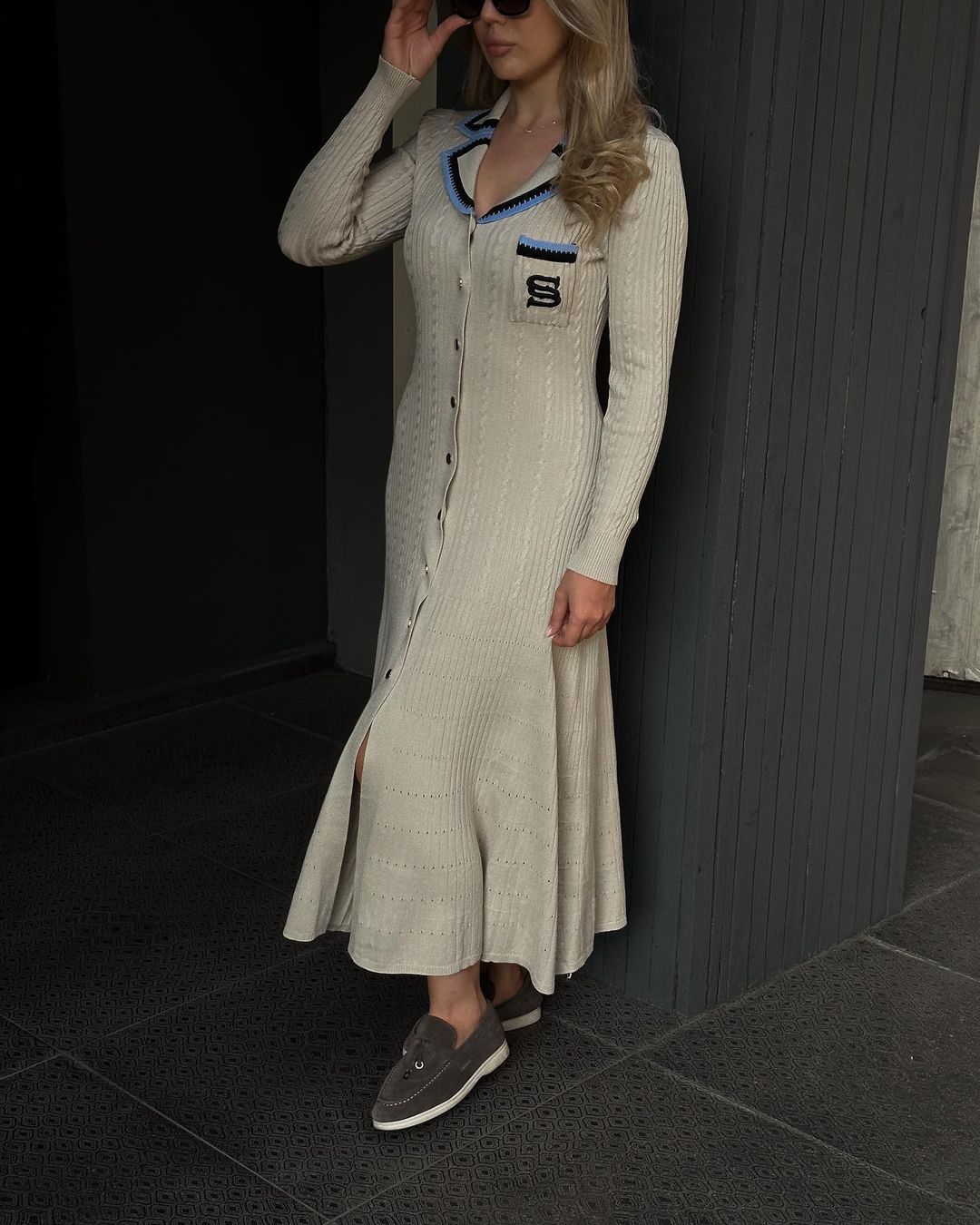 Female Long Sleeve Turndown Collar Slim Fit Chic Long Dress 5