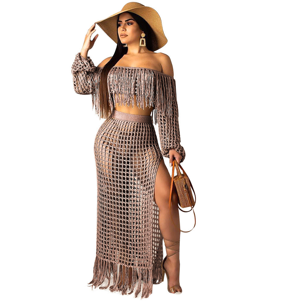Summer Hollow Sexy Fashion Mesh Tassel See-Through Two-Piece Skirt Set 52