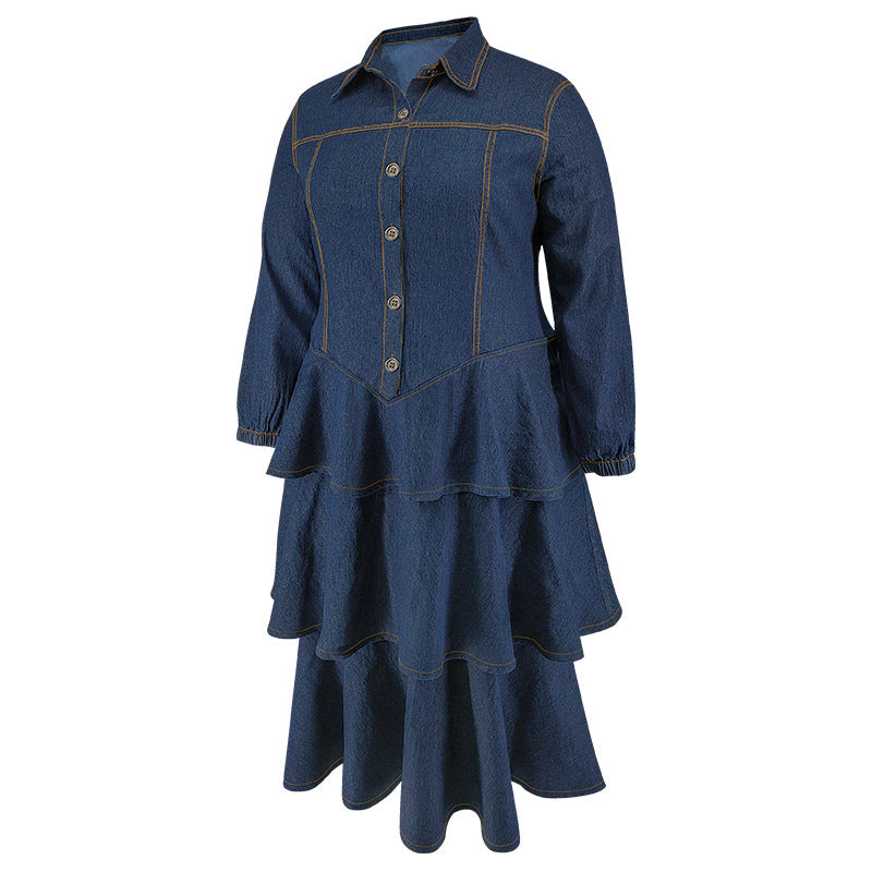 Plus Size Women's Denim Long Sleeve Turndown Collar layer Long Dress 6