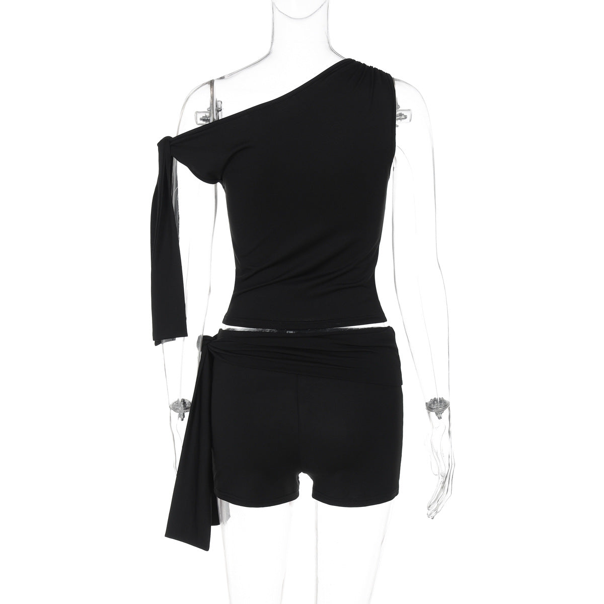 Women's Summer Solid-Color Slash-Shoulder Sleeveless Top with Lace-Up Slim Shorts Two-Piece Set 7