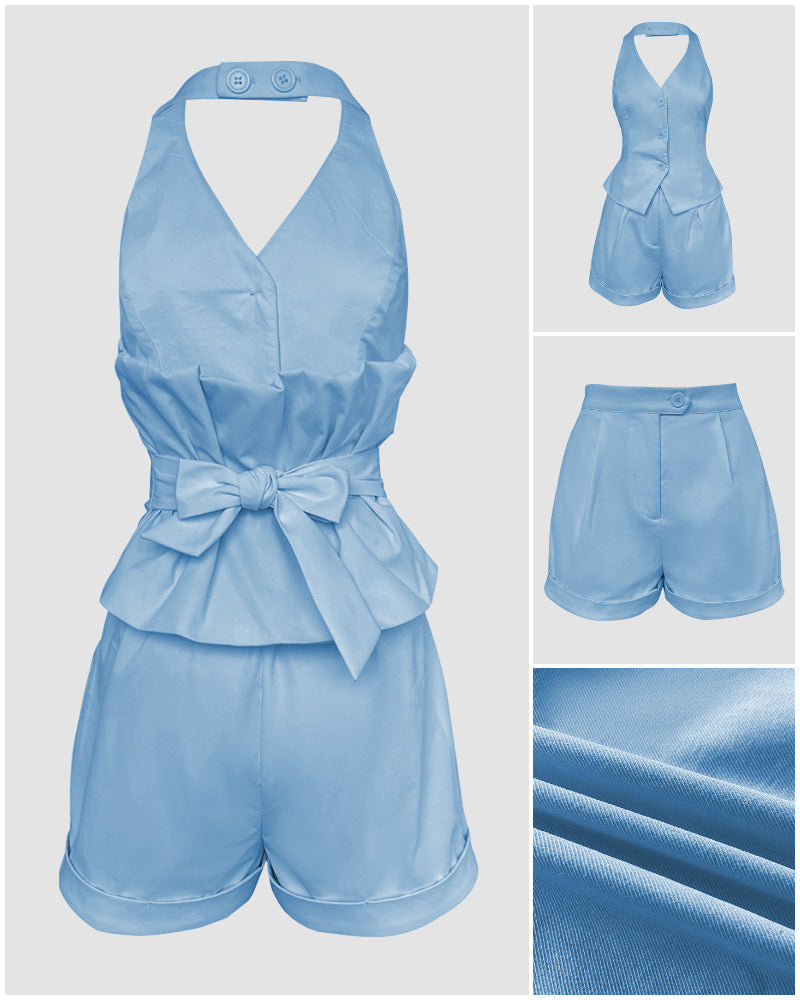 Women Halter Neck Lace-Up Top + Shorts Solid Two-Piece Set 10