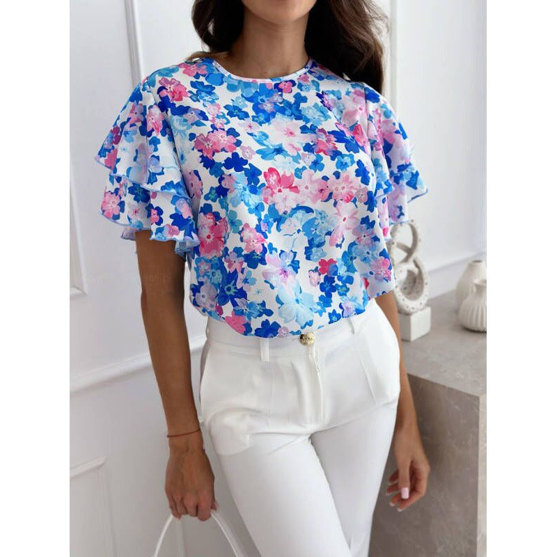 Fashion Summer Print Ruffle Sleeve Round Neck Short Sleeve Top 4