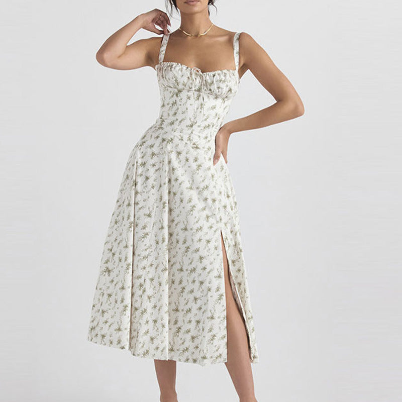 Women Spring Printed French Floral Backless Suspender Slit Dress 23