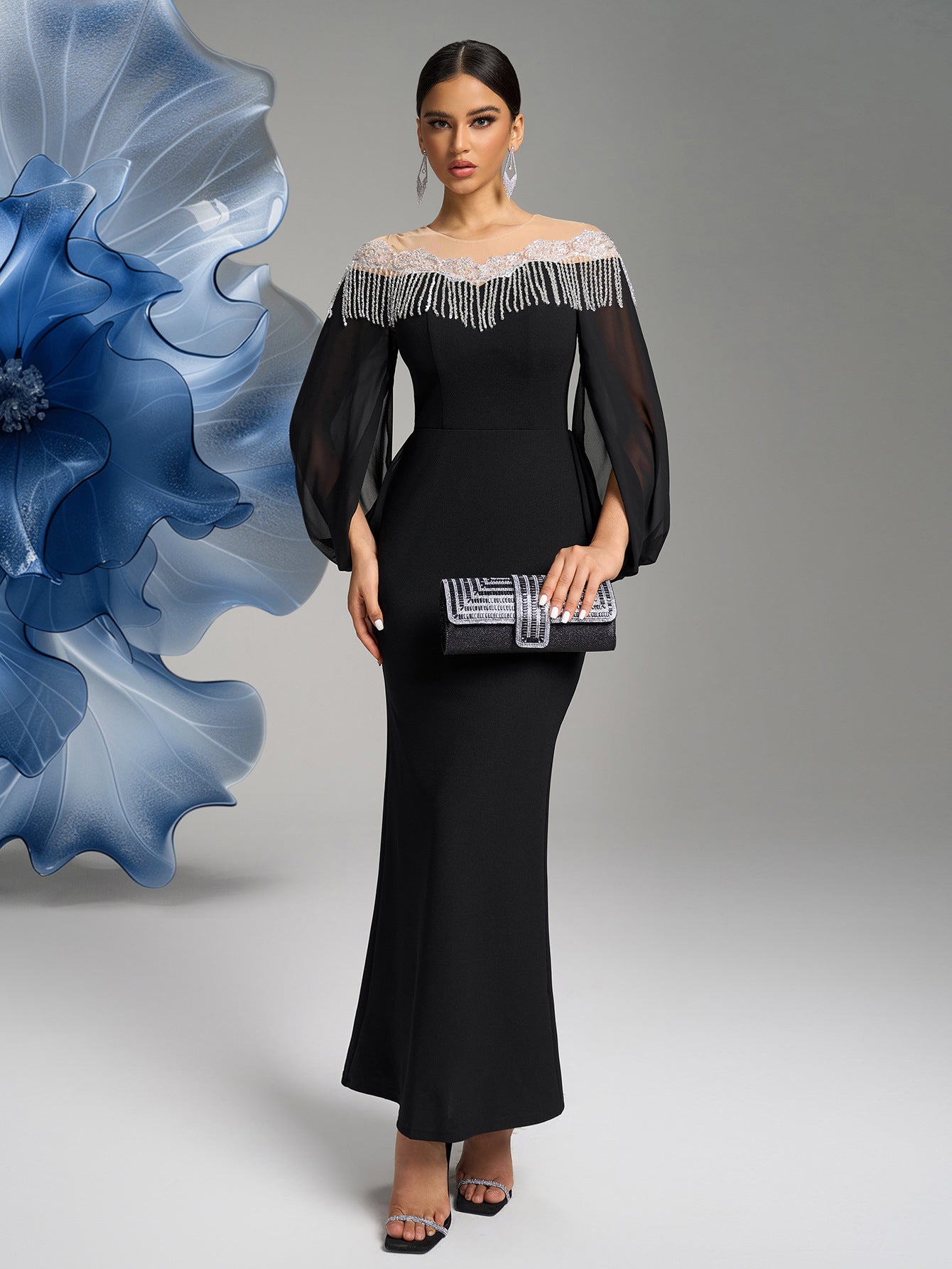 Women Round Neck Irregular Long Sleeve Light Luxury Beaded Bodycon Long Dress Dinner Dress 4