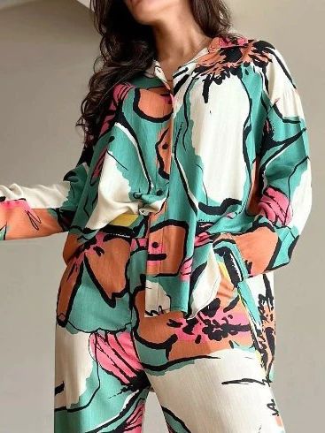 Chic Women's Plus Size Print Career Shirt High Waist Wide Leg Pants Two Piece Set 3