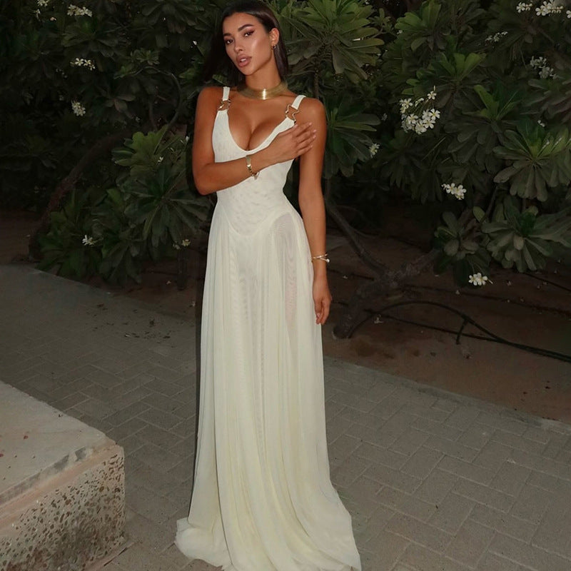 Spring Sexy Slim V-Neck Low Back Strap Long Mesh Dress 3