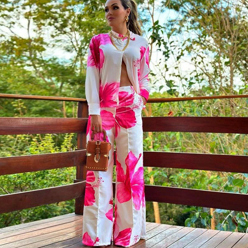 Women printed shirt and wide-leg pants Casual two-piece set 9