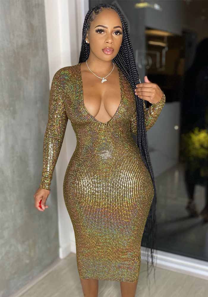 Ladies Chic Fashion Deep V Neckshiny Fabric Ladies Midi Bodycon Dress Party Wear