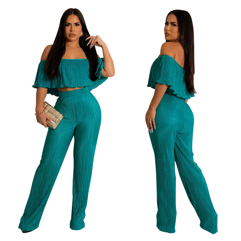 Women's Pleated Ruffle Off Shoulder crop top Wide Leg Pants two piece Set 7