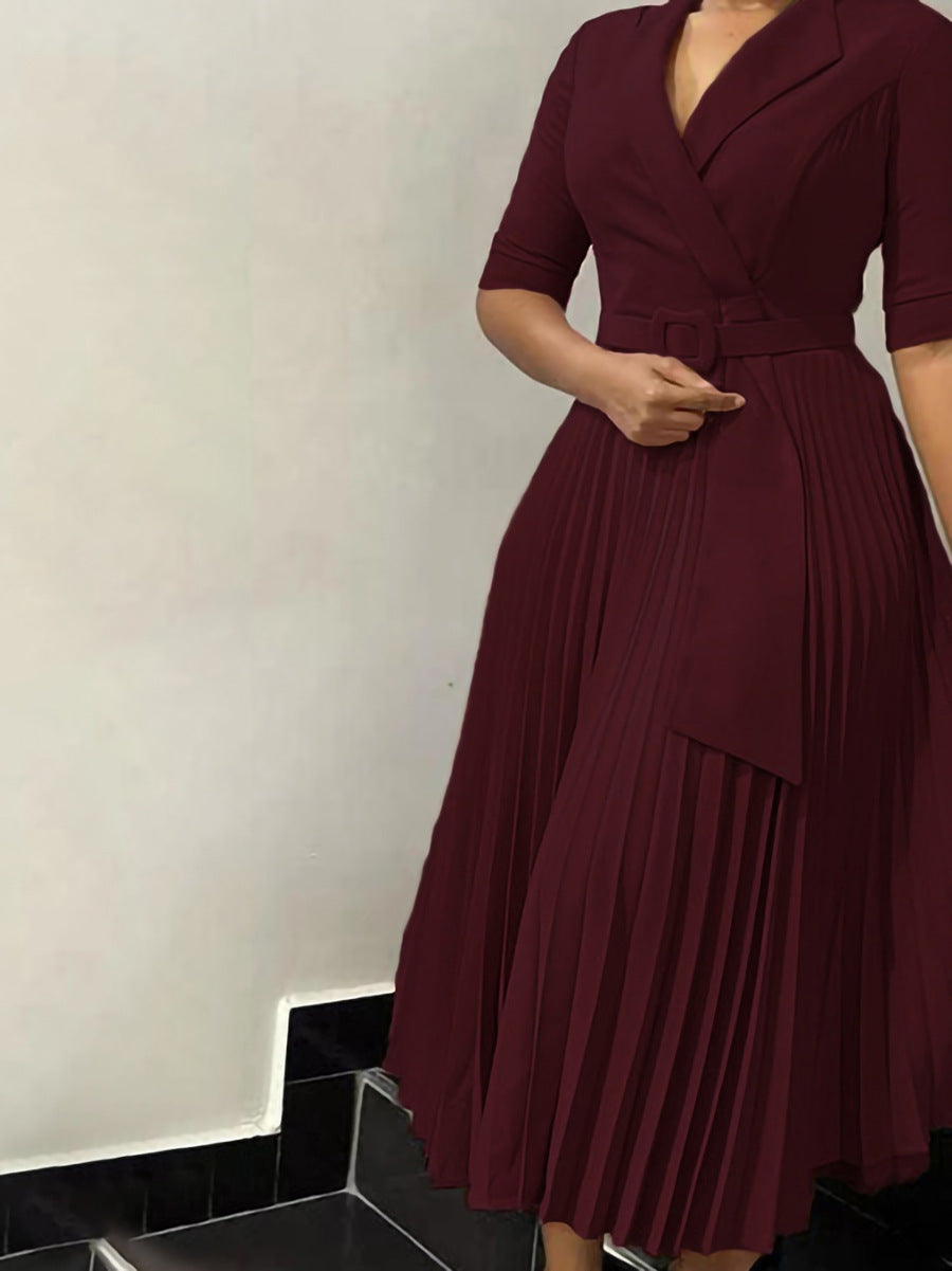 Women Turndown Collar Pleated Solid Dress 9