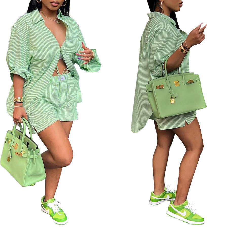 Women Striped Loose Long Sleeve Shirt + Shorts Two Piece Set