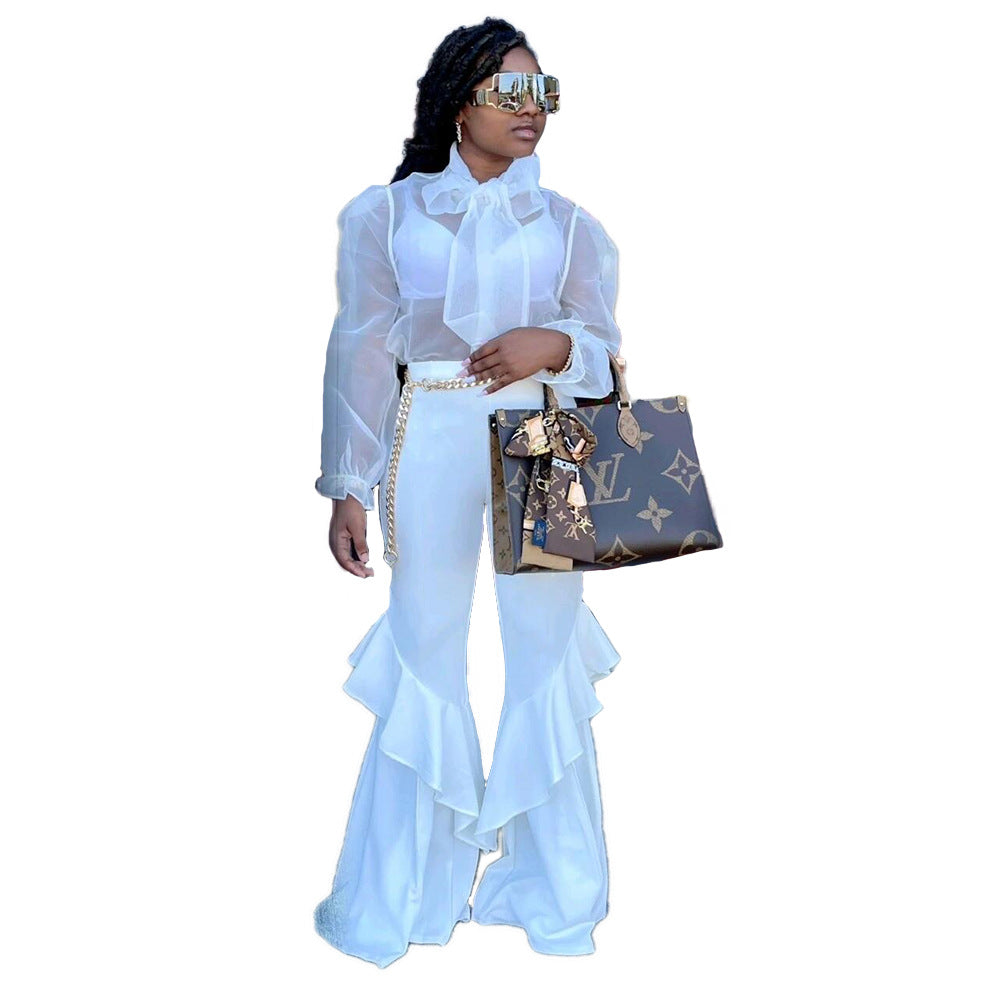 Sexy Mesh Tops Bell Bottom Pants Women's Casual Two Piece Set 9