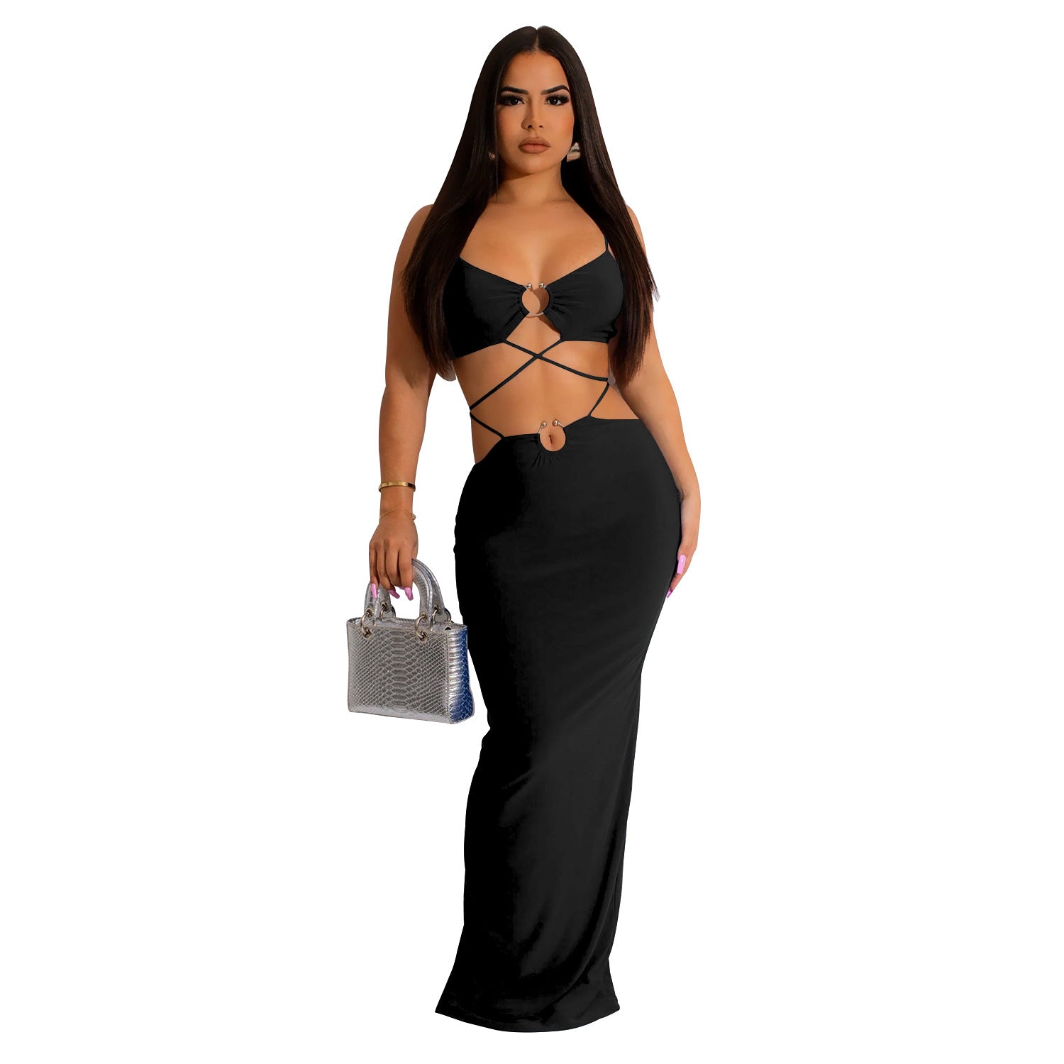 Women's Fashion Solid Color Lace-Up Sleeveless Straps Maxi Dress 11