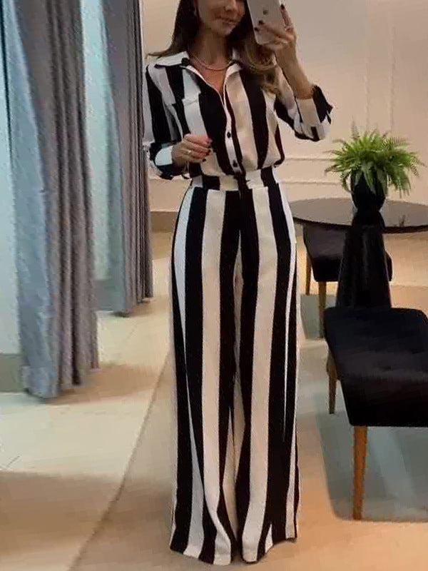 Black & White Striped Button Pocket Shirt Wide-Leg Pants Set 4