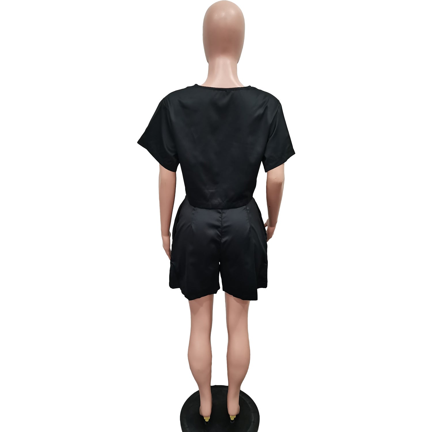 Women's Solid Color Loose V-Neck Short Sleeve Top Shorts Two Piece Set 4