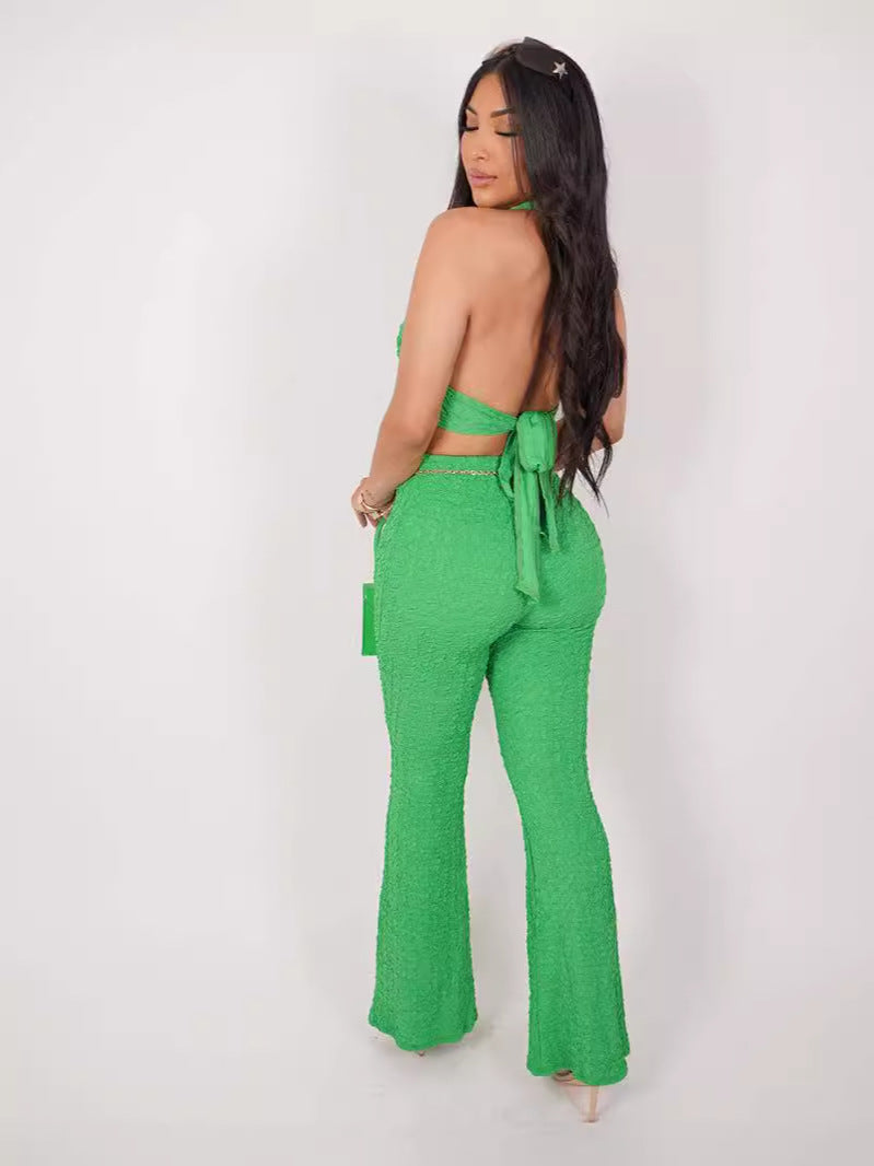 Women Sleeveless Halter Neck Sexy Backless Top and Bell Bottom Pant Two-piece Set 5