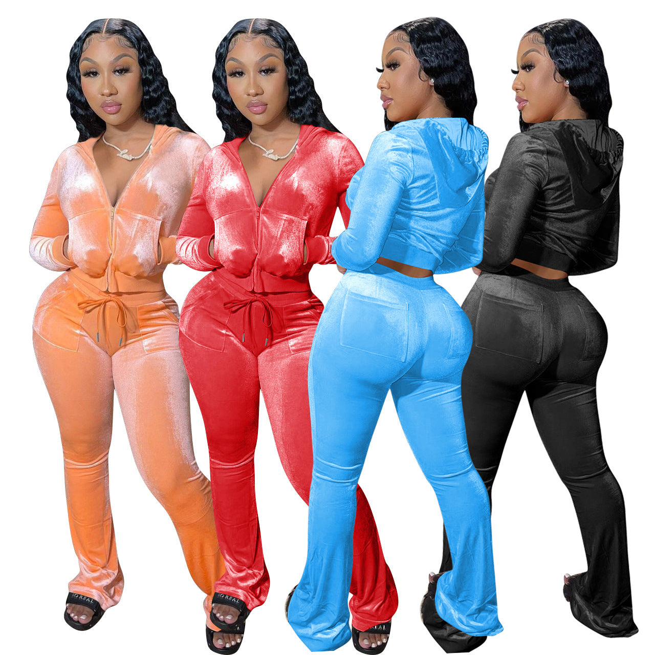Women's Solid Velvet Casual Zipper Hoodies Wide Leg Pants Two Piece Set 19
